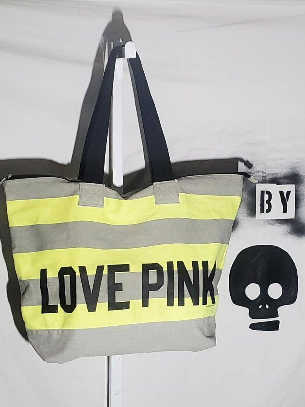 Victoria's Secret Love Pink Tote - Neon Yellow and Gray, Zipper Closure
